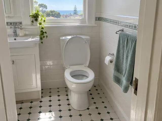 Clean white toilet in a tiled bathroom with vanity, towel rail and window in Coogee