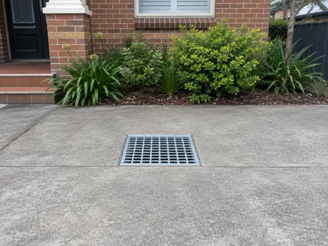 Flush stormwater grate in a concrete driveway beside a brick house and garden in Maroubra